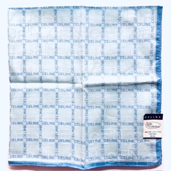 New-Tag Lg Collect CELINE Paris Mini Scarf 23" Cotton Teal Blue Logo Printed (96 - Picture 5 of 8
